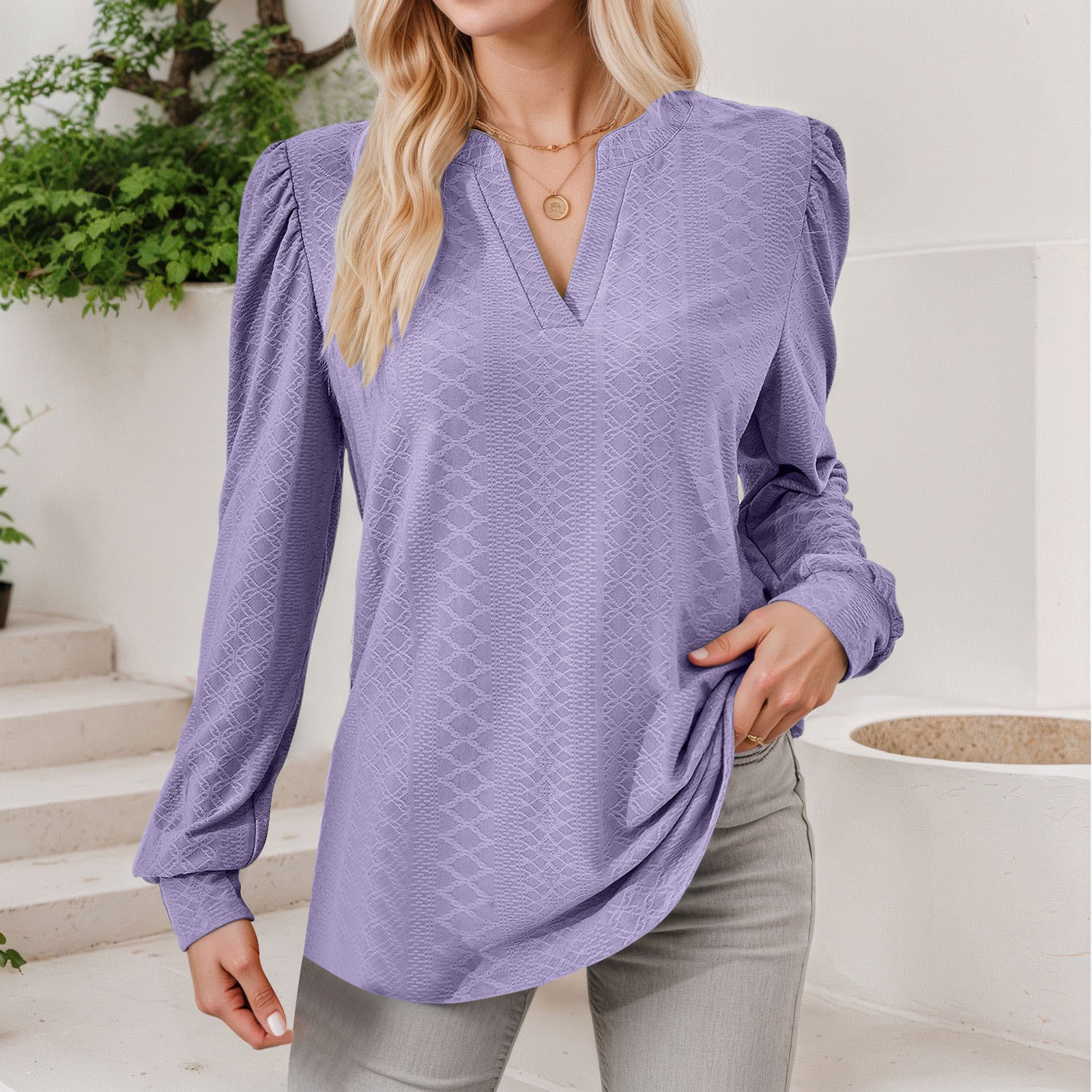 thumbnail image 2 of Top de manga larga con cuello en V y tejido jacquard para mujer - Camiseta holgada de color liso, 2 of 6